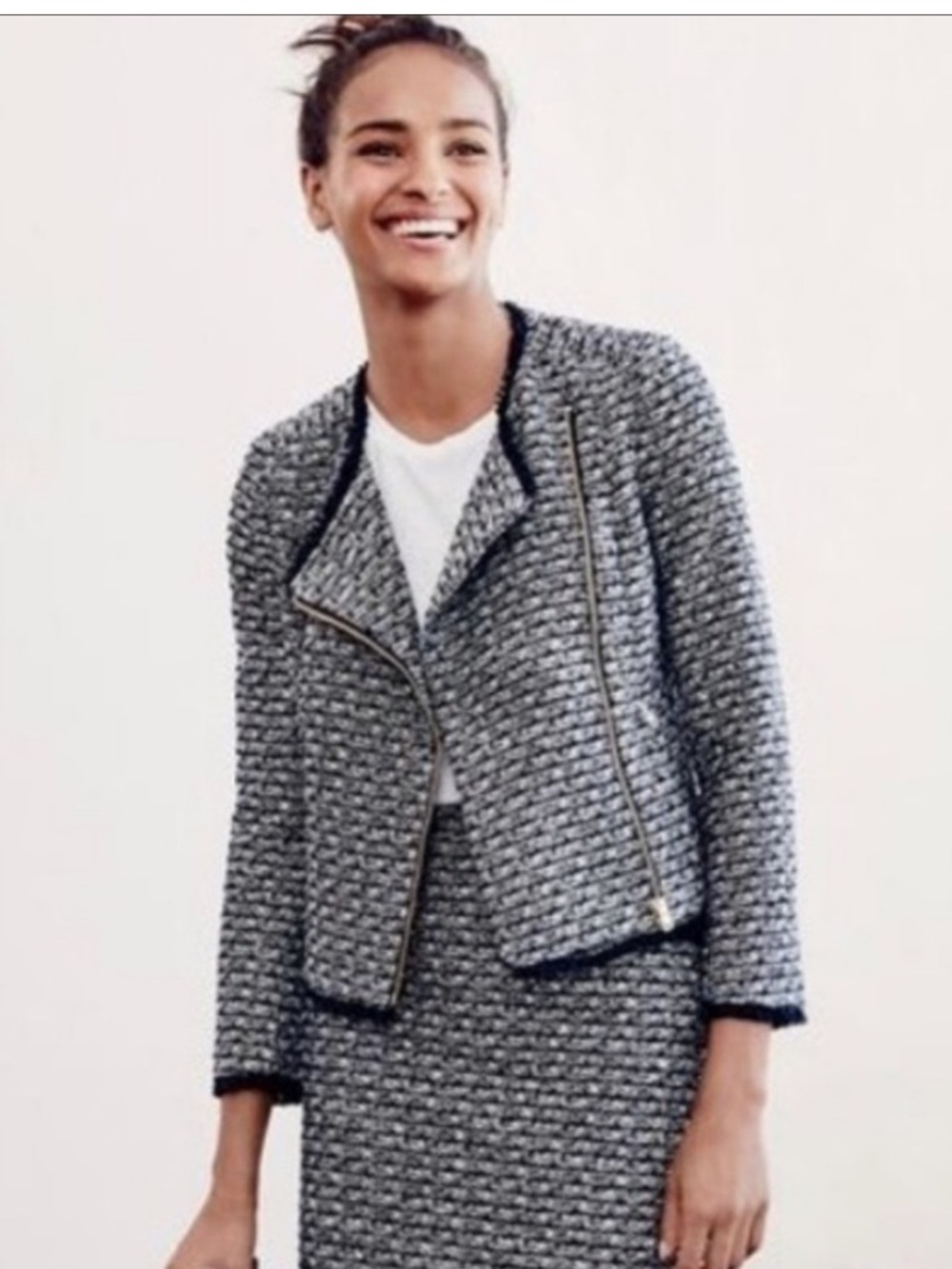 J. Crew Black & White Tweed Zip Pocket Cropped Jacket